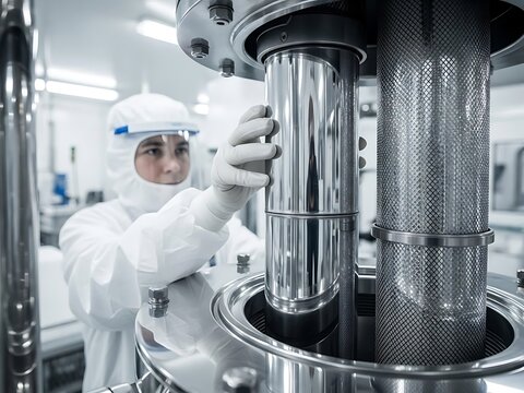 Cleanroom technician adjusting sterile industrial machinery in a controlled environment