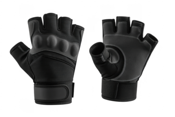 Pair of black fingerless weightlifting gloves with padded knuckles and white stitching isolated on a transparent background