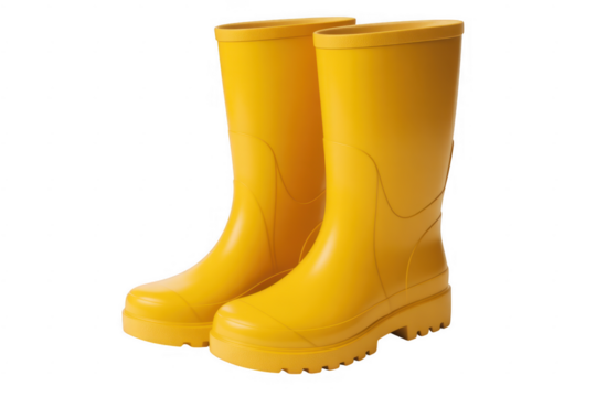 Pair of bright yellow rubber rain boots with thick soles isolated on a transparent background 1