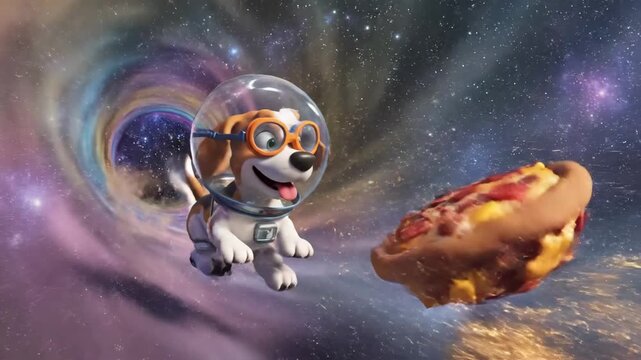 Cartoon dog astronaut pizza floating cosmic space