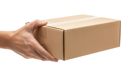 Modern hand holding a cardboard box still life photo highlighting box, cardboard, package ideal for branding or digital marketing content