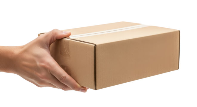 Modern hand holding a cardboard box still life photo highlighting box, cardboard, package ideal for branding or digital marketing content
