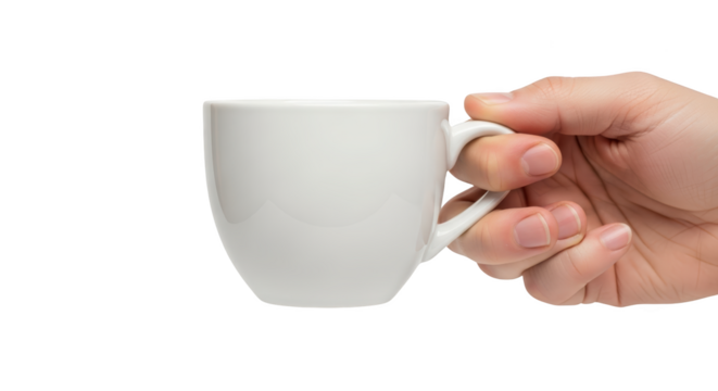 High quality hand holding a white coffee cup mockup or design concept with hand, holding, cup in studio lighting setup