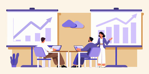 Business meeting presentation with growth charts and analytics discussion illustration