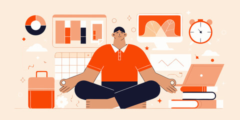 Meditating man surrounded by work tools and charts for relaxation and focus