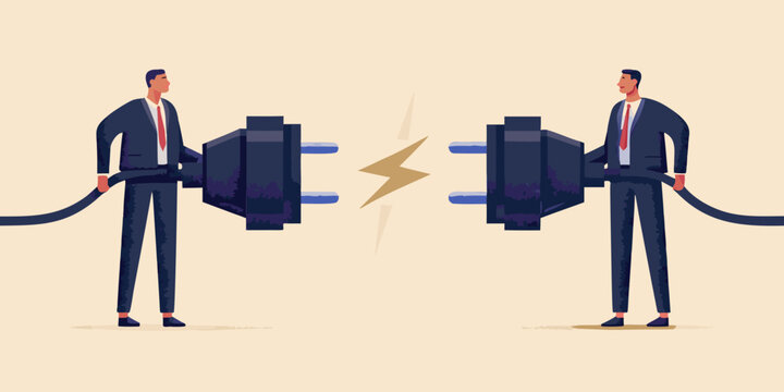 Businessmen with electrical plugs facing each other and a lightning bolt