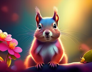 Colorful Squirrel Portrait with Pink Flowers and a Dreamy Bokeh Background, a Charming Close-Up.