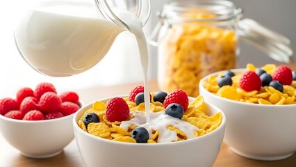 Milk being poured into a white bowl of crispy cornflakes, fresh blueberries, and red raspberries for a healthy and nutritious breakfast meal