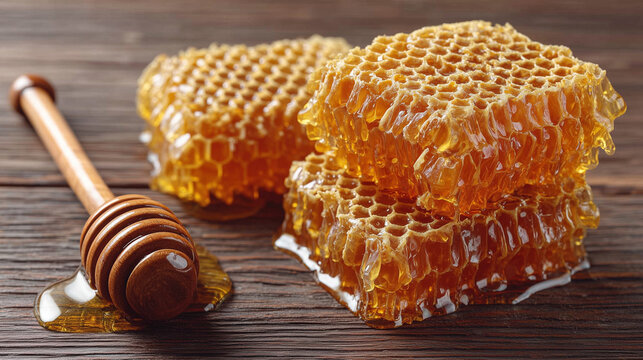 Fresh honeycomb with honey dipper on rustic wooden board