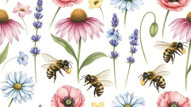 Elegant botanical bee pattern featuring realistic honey bees on wildflowers, seamless repeat, watercolor style, soft pastel colors, high-resolution, natural and calm aesthetic.