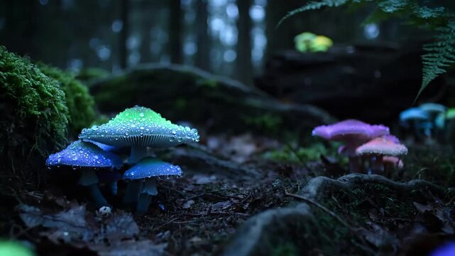Extreme close up shots highlighting the delicate structures and vibrant light emitted by individual glowing mushrooms, revealing their unique forms. Emphasize macro details and intricate patterns.