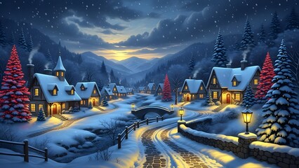 Enchanting winter village scene at twilight with snowcovered houses, glowing windows, illuminated christmas trees, and a path winding through snowy mountains