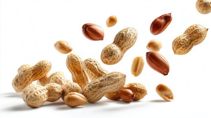 Peanuts suspended in midair with crisp detail