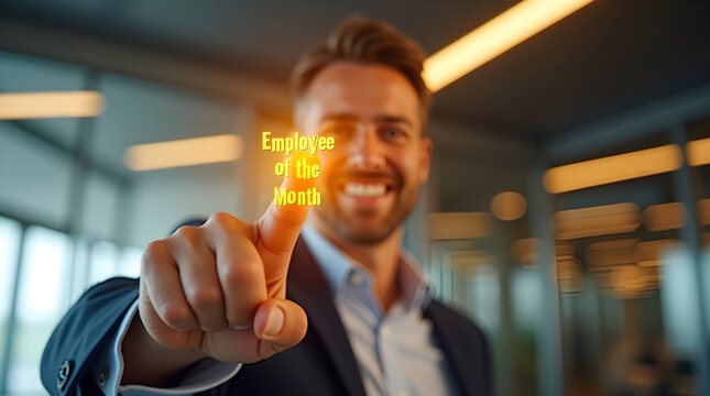 Man in suit pointing directly at camera with glowing golden Employee of the Month text overlay in modern office hallway