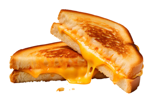 Triangular Grilled Cheese Sandwich with Melted Cheddar and Golden Toasted Bread Isolated on White for Breakfast and Lunch Menu
