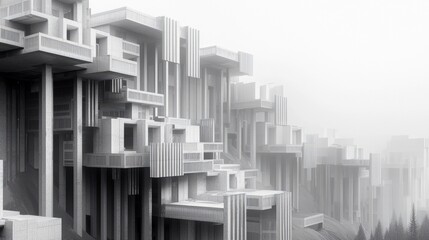 A monochrome image of an abstract brutalist architectural structure in a foggy environment. The building features geometric shapes and vertical lines, with a mi