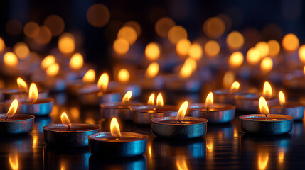Small candle flames arranged in calm nighttime scene