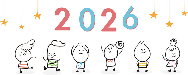 (2026, celebrate) hand drawn character icons. Vector illustration.	