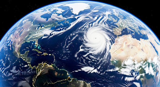 Majestic Earth From Space With Atlantic Hurricane Swirl Over Ocean For Weather And Climate Imagery - Powered by Adobe