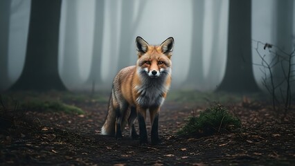 Obraz premium Wild red fox standing alert in a mysterious, misty forest environment