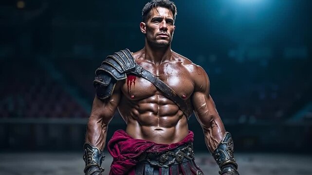 A man in a gladiator costume standing in front of a stadium
