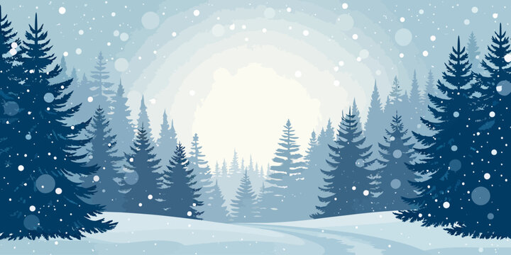 Vector christmas a snowy winter landscape with a forest of evergreen trees and falling snow in a serene blue color palette