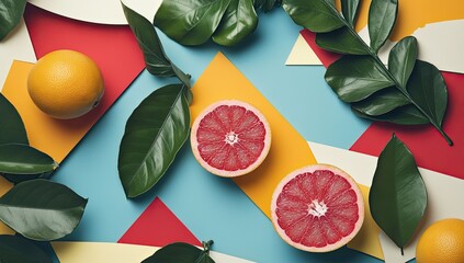 A vibrant and colorful flat lay featuring abstract geometric shapes, bold patterns, tropical elements