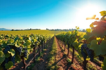 A wide vineyard view showing grape bunches on rows of vines stretching into the distance under a bright blue sky and natural morning light. Generative AI