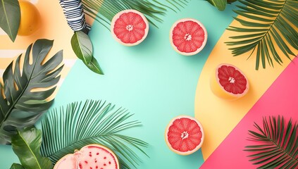 A vibrant and colorful flat lay featuring abstract geometric shapes, bold patterns, tropical elements