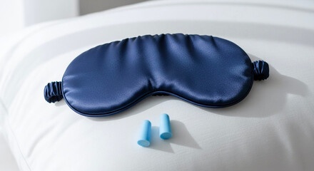 Sleep mask and earplugs on a pillow in a bright bedroom  