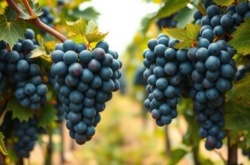 Frontal vineyard shot of ripe blue-black grape bunches with natural bloom on their surface, detailed leaves and stems visible in soft daylight. Generative AI