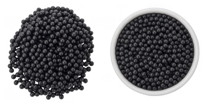 Pile of black caviar next to white bowl filled with black caviar isolated on a transparent background