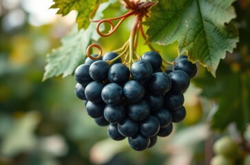 A bunch of ripe dark grapes hanging from the vine, surrounded by curling tendrils and textured leaves with visible veins. Generative AI