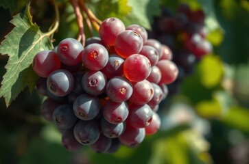 A bunch of ripe grapes under soft diffused light, natural bloom visible on each berry, with green vine leaves forming a vivid contrast. Generative AI