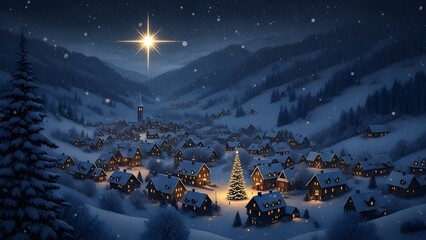 Magical winter night scene of a cozy village nestled in snowy mountains under a bright guiding star, illuminated by warm lights and falling snow