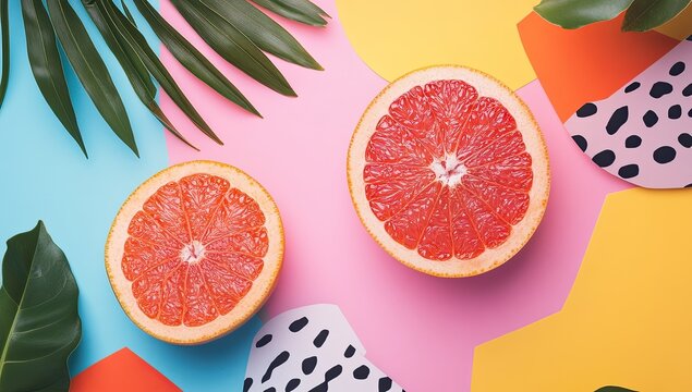 A vibrant and colorful flat lay featuring abstract geometric shapes, bold patterns, tropical elements