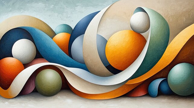 An abstract artwork featuring a vibrant arrangement of spheres, ribbons, and curved shapes in various colors.