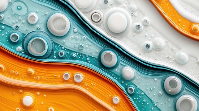 Abstract image of colorful fluid art with bubbles and swirls, creating a dynamic and visually appealing composition.