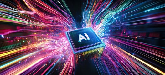 A vibrant and dynamic illustration of an AI chip with the letters "AI" 