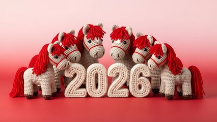 2026 Year of the Horse Adorable Knitted Horses and Numbers Celebrating the New Year