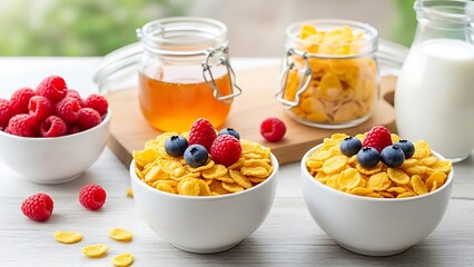 Wholesome breakfast: crispy golden cornflakes with vibrant red raspberries and fresh blueberries, served with golden honey and creamy milk on a wooden table.