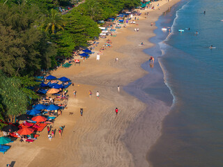Aerial view of Weligama Beach with surfers riding the waves, Sri Lanka