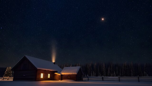 Cozy wooden cabin under a vast, clear night sky filled with countless stars and a bright planet, smoke gently rising from the chimney in a snowy winter landscape