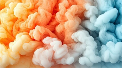 Abstract image of colorful smoke with orange, white, and blue hues, swirling and creating a gradient effect.