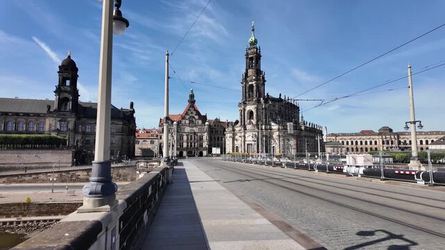 Walking towards Grand Theaterplatz in Dresden historic Old Town in Germany