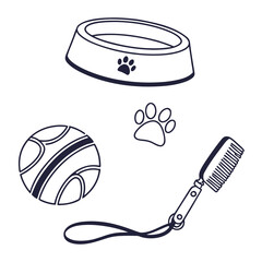 Pet Care Icons Outline Drawing Paw Print Ball Bowl Comb Keywords: pet, dog, cat, care, icons, outline