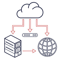 Cloud server and globe connected by red arrows in isometric view internet network
