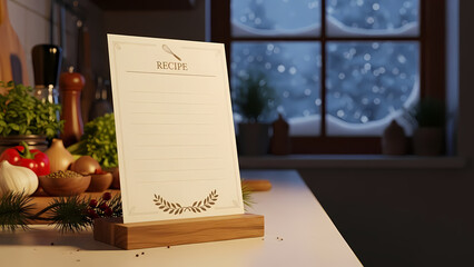 Recipe card on wooden stand with winter kitchen background