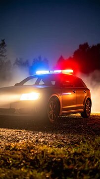 Patrol car with flashing emergency lights parked on a dirt road at night near the forest