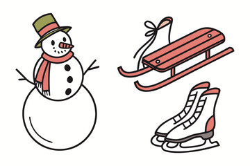Cute Snowman Sled Ice Skates Winter Holiday Season Icons vector illustration